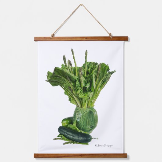 水差し花瓶に緑の野菜。食べ新しいポスト！ 吊り下げ型タペストリー (正面)