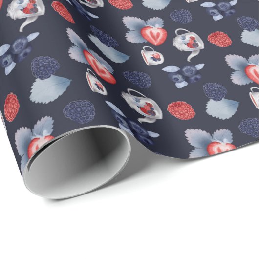 水差し、コップ、色とりどりの実 濃い青背景 ラッピングペーパー (ロールコーナー)