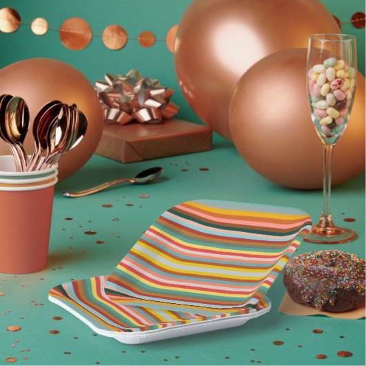 水平カラフルレトロストライプ ペーパープレート (複数)
