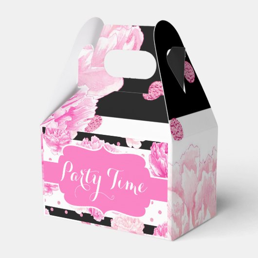 水平ストライプピンクの花の水色誕生日 フェイバーボックス (正面サイド)