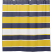 水平ストライプ、マスタードイエロー、ネイビーブルー、whi シャワーカーテン (正面)