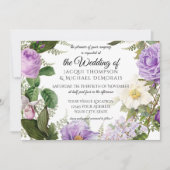 水平ネイビーブルーパープルアイボリーヴィンテージフローラ 招待状 (正面)