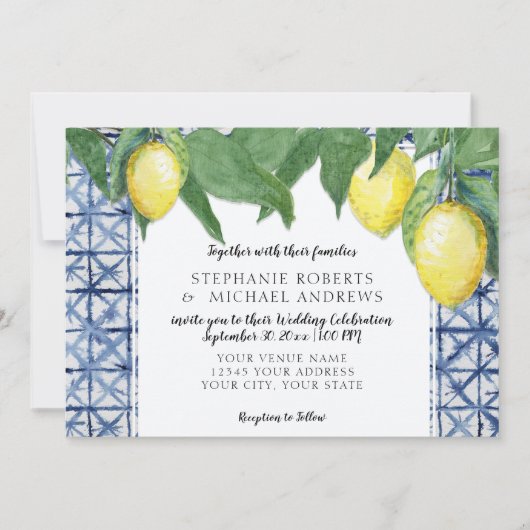水平ネービーブルーホワイトシボリWレモンブランチ 招待状 (正面)