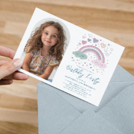 水平ピンクIパープルレインボー&ハート誕生日 招待状