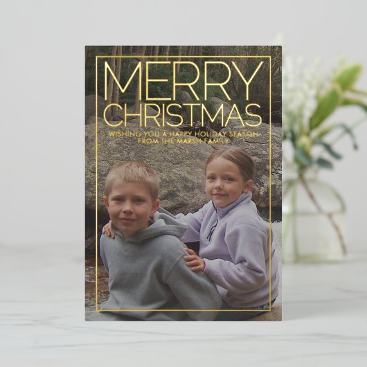 水平フォトメリークリスマスデザートグリーン金ゴールド 箔シーズンカード (立ち正面)