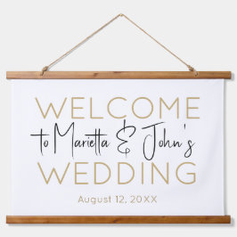水平ホワイト金ゴールドエレガントなウェディングウェルカムサイン 吊り下げ型タペストリー