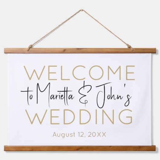 水平ホワイト金ゴールドエレガントなウェディングウェルカムサイン 吊り下げ型タペストリー (正面)