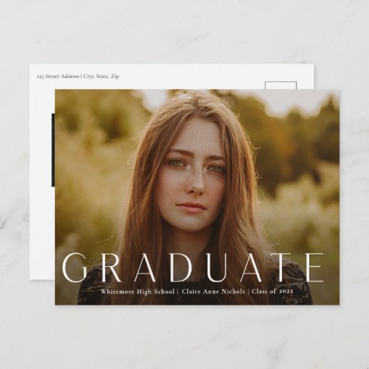 水平モダン写真卒業招待状 ポストカード (正面/裏面)