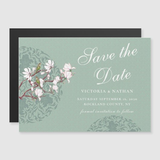 水平ヴィンテージセージ緑Chinoiserie マグネット招待状 (正面/裏面)