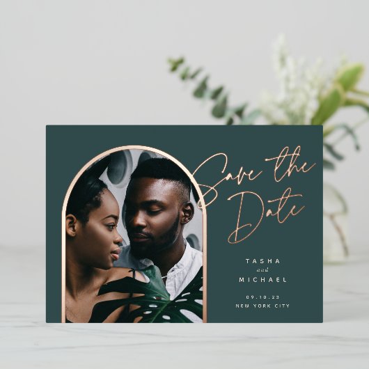 水平箔アーチ |写真の保存日付 箔招待状 (立ち正面)