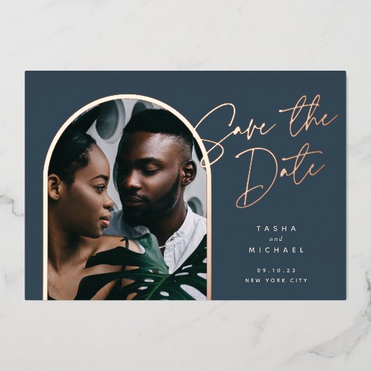 水平箔アーチ |写真の保存日付 箔招待状 (正面)