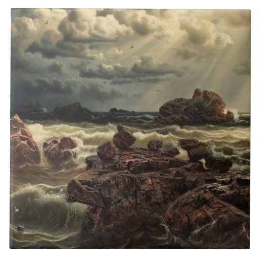 水平線に船が浮かぶ沿岸の風景 タイル (正面)