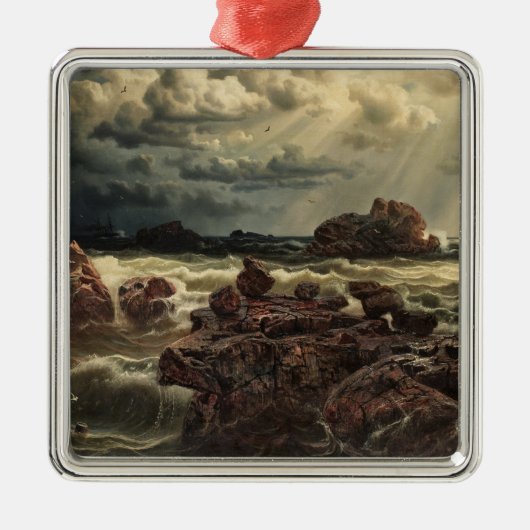 水平線に船が浮かぶ沿岸の風景 メタルオーナメント (正面)