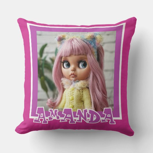 水平薄紫ストライプピンク水玉模様 クッション (正面)