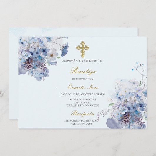 水平青色花バプテスマスペインの 招待状 (正面/裏面)