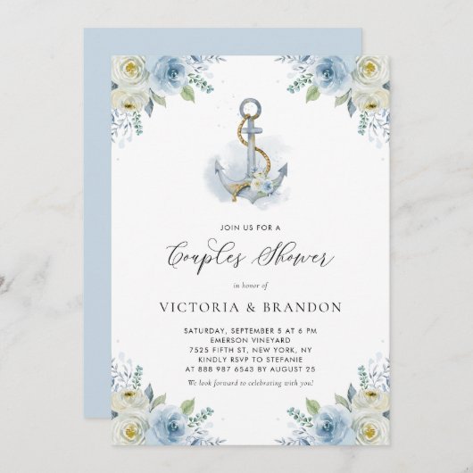 水彩いかりとブルーフラワーカップルシャワー 招待状 (正面/裏面)