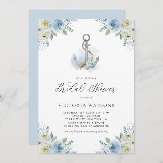 水彩いかりとブルーフラワーズブライダルシャワー 招待状 (正面/裏面)