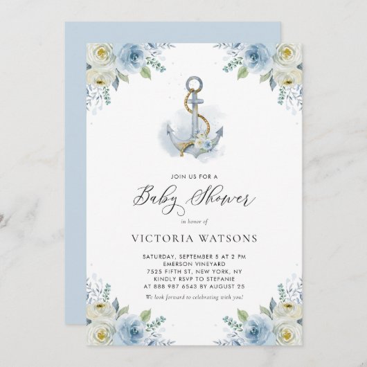 水彩いかりとブルーフラワーボーイベビーシャワー 招待状 (正面/裏面)