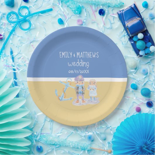 水彩いかりと可愛い海の夫婦 ペーパープレート (パーティー)