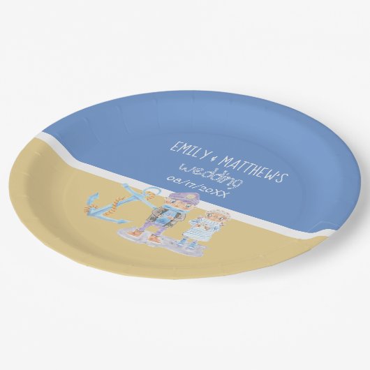 水彩いかりと可愛い海の夫婦 ペーパープレート (アングル)