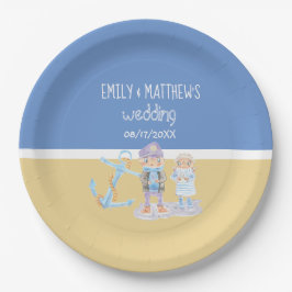 水彩いかりと可愛い海の夫婦 ペーパープレート