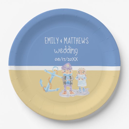 水彩いかりと可愛い海の夫婦 ペーパープレート (正面)