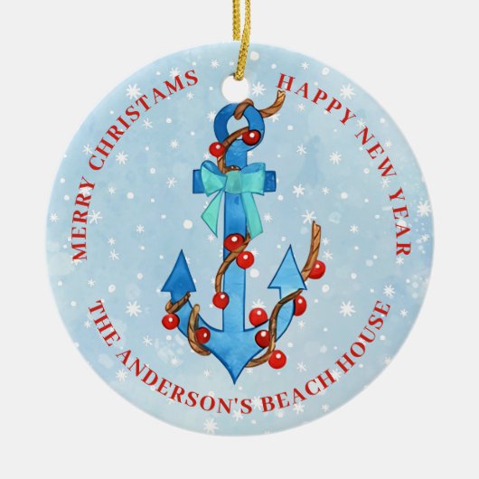 水彩いかりクリスマスライトボウ航海の セラミックオーナメント (正面)