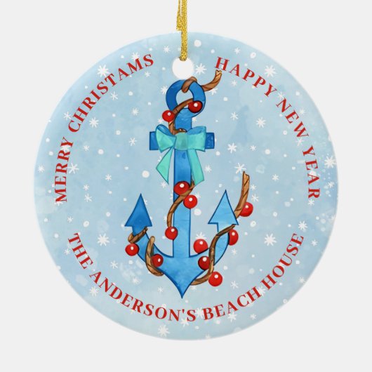 水彩いかりクリスマスライトボウ航海の セラミックオーナメント (裏面)