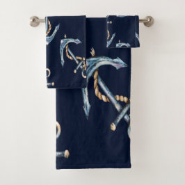 水彩いかりネイビーブルー バスタオルセット