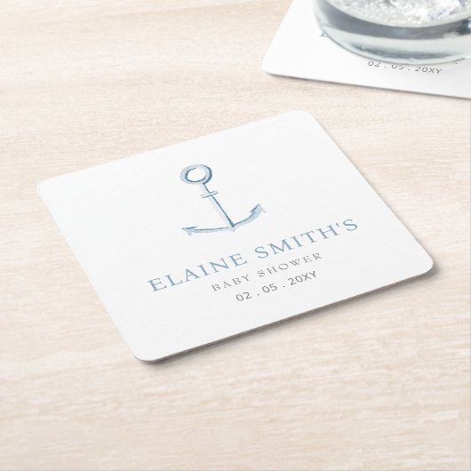 水彩いかりブルー航海のビーチベビーシャワー スクエアペーパーコースター (アングル)