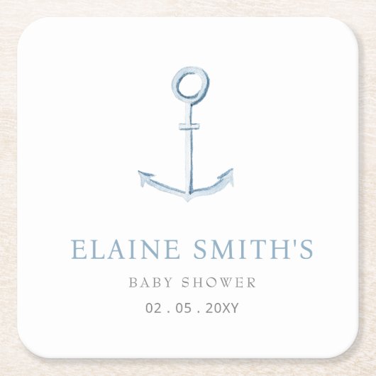 水彩いかりブルー航海のビーチベビーシャワー スクエアペーパーコースター (正面)