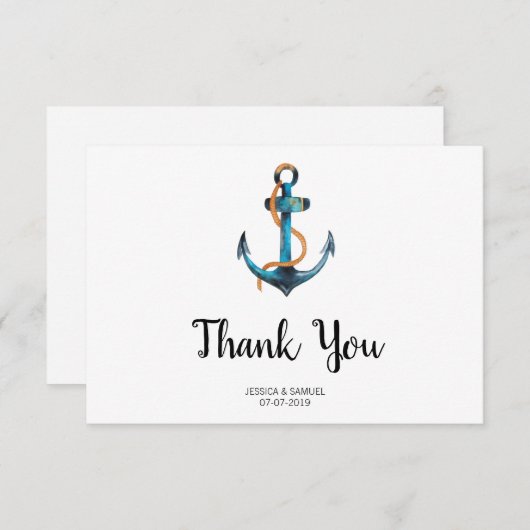 水彩いかりモダン航海の結婚の サンキューカード (正面/裏面)