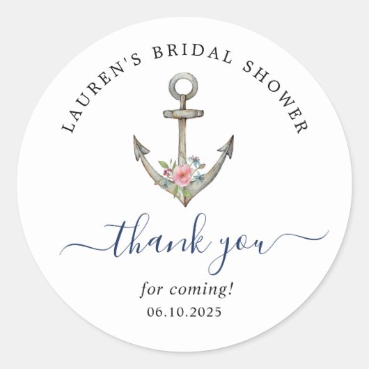 水彩いかり航海のブライダルシャワーありがとう ラウンドシール (正面)