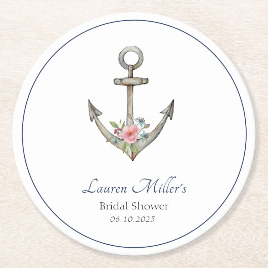 水彩いかり航海のブライダルシャワー ラウンドペーパーコースター (正面)