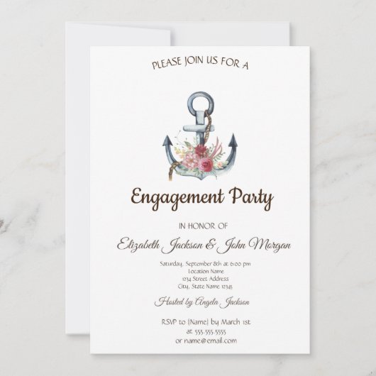 水彩いかり花航海の婚約 招待状 (正面)