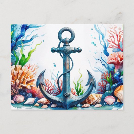 水彩いかり、コーラルリーフ、シーシェル ポストカード (正面)
