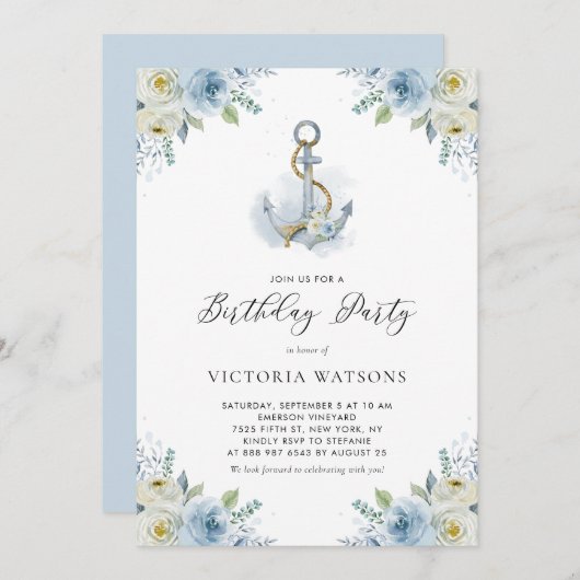 水彩いかり&ブルーフラワーズ航海の誕生日 招待状 (正面/裏面)