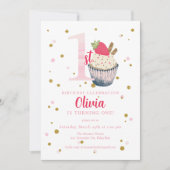水彩いちごカップケーキ1stバースデーインビタット 招待状 (正面)