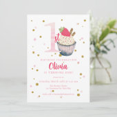 水彩いちごカップケーキ1stバースデーインビタット 招待状 (スタンド正面)