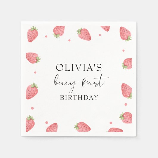 水彩いちご1st誕生日パーティーベリー スタンダードカクテルナプキン (正面)