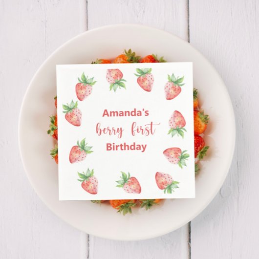 水彩いちご1st誕生日パーティー スタンダードカクテルナプキン