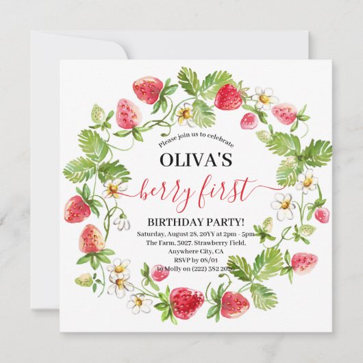 水彩いちご1st誕生日招待状 招待状 (正面)