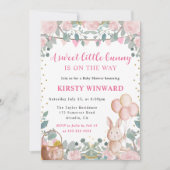 水彩うさぎとピンクの花のベビーシャワー 招待状 (正面)