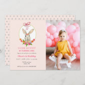 水彩うさぎの写真付き1歳誕生日 招待状 (正面/裏面)