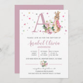 水彩うさぎフロプシー 赤ちゃん女の子の洗礼 招待状 (正面/裏面)