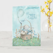 水彩うさぎ、卵、花とバスケット カード (黄色い花)