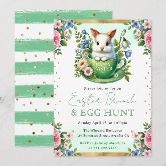 水彩うさぎ 春の花 イースター ブランチ 招待状 (正面/裏面)