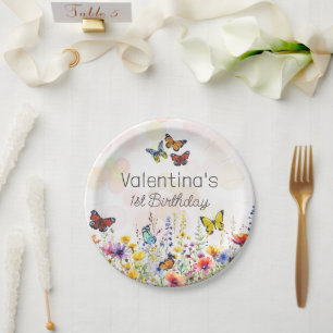 水彩おもしろいカラフルワイルドフラワー&蝶 ペーパープレート