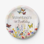 水彩おもしろいカラフルワイルドフラワー&蝶 ペーパープレート (正面)