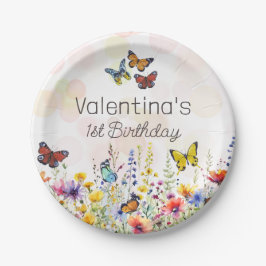 水彩おもしろいカラフルワイルドフラワー&蝶 ペーパープレート